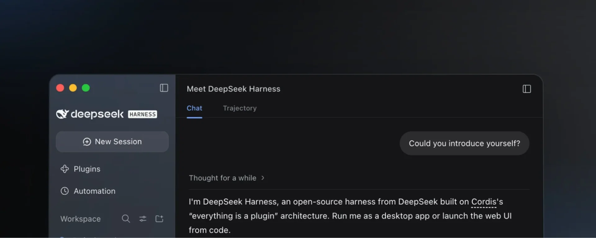 Окно DeepSeek Harness с открытым чатом и вкладками Chat и Trajectory.