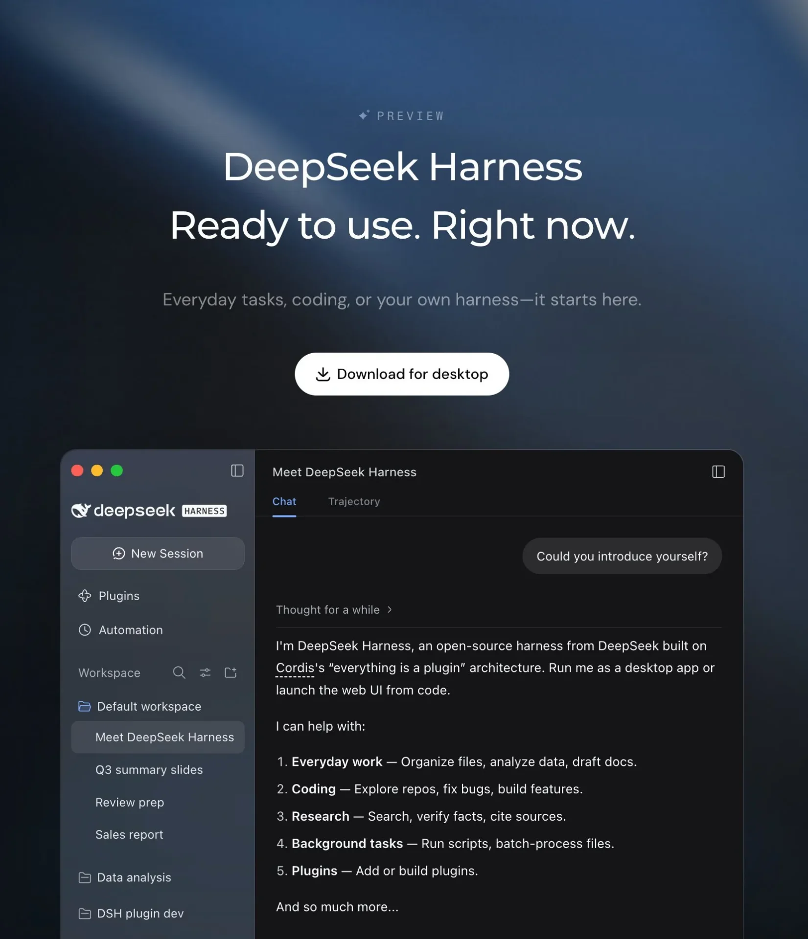 Промоизображение DeepSeek Harness с примерами задач, разработки и работы с файлами.