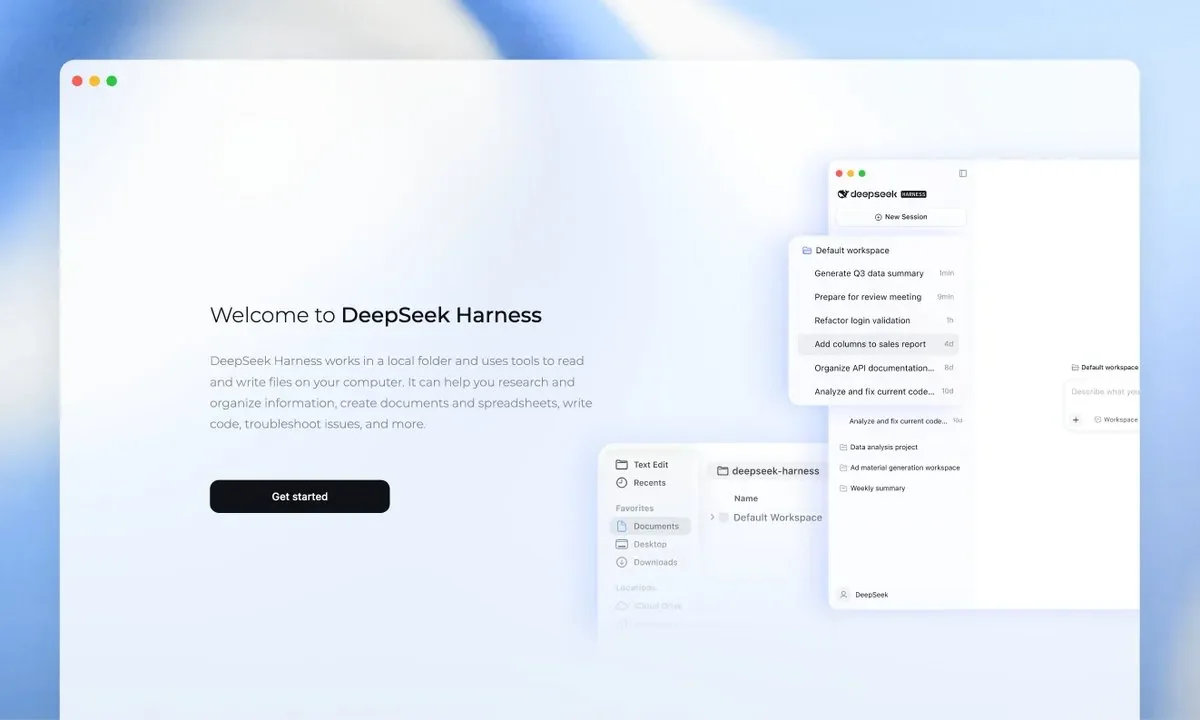 Стартовый экран DeepSeek Harness и пример списка задач в рабочей области.