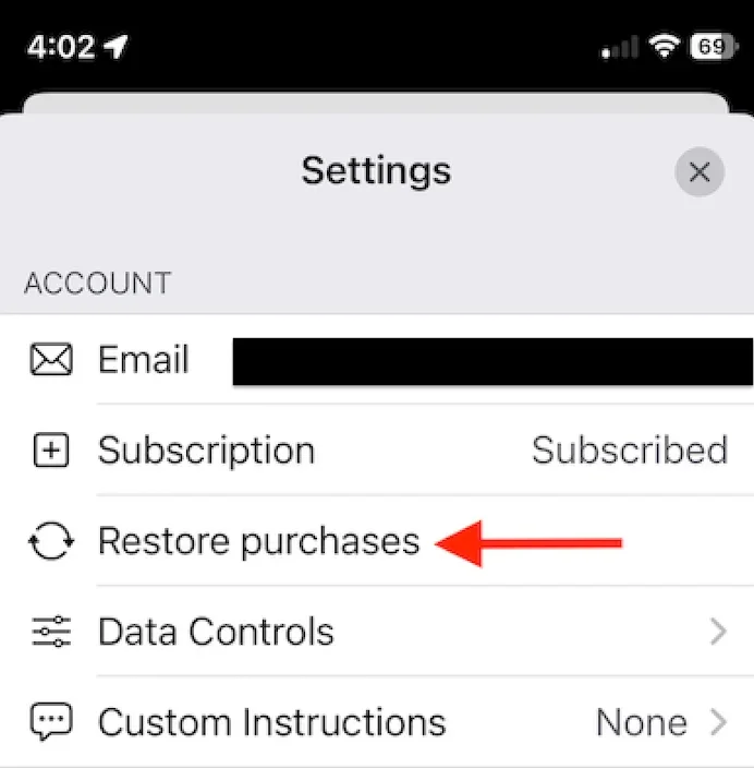 Экран настроек ChatGPT на iPhone с пунктом Restore purchases для восстановления покупок